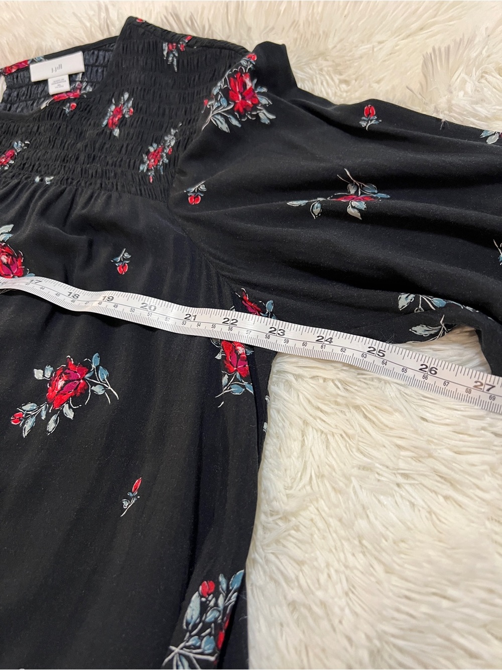 J. Jill Black Floral Smocked Yoke Top with Red Blooms -PXL - Picture 9 of 10